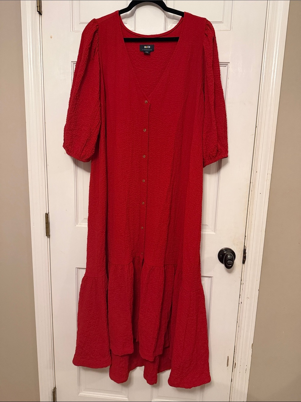 Maeve Red Button-Front Maxi Dress with Puff Sleeves